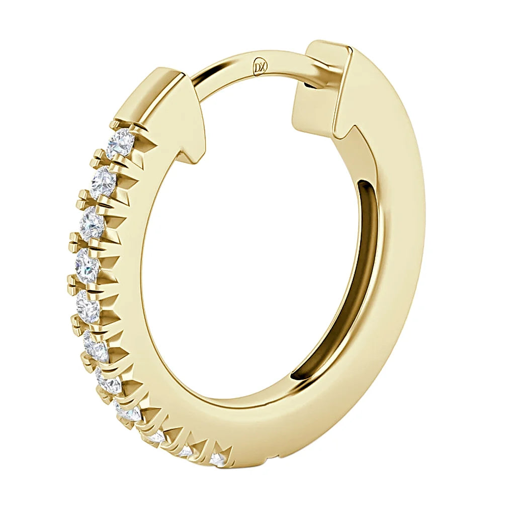 Gold hoop earring with a row of small white diamonds set along the front edge, shown on a white background.
