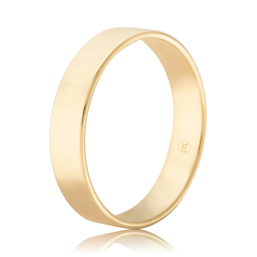 A simple, polished yellow gold ring band with a smooth surface and an engraved hallmark inside.