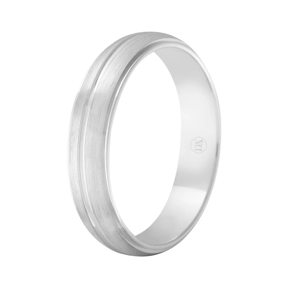 A simple silver ring with a brushed finish and a single groove encircling its outer surface.