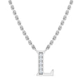 Silver chain necklace with a pendant shaped like the letter “L,” adorned with small clear gemstones.