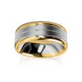 Gold ring with two silver horizontal bands, featuring a smooth and polished finish, on a white background.