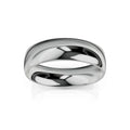 A shiny, polished silver band ring with a rounded surface, set against a plain white background.