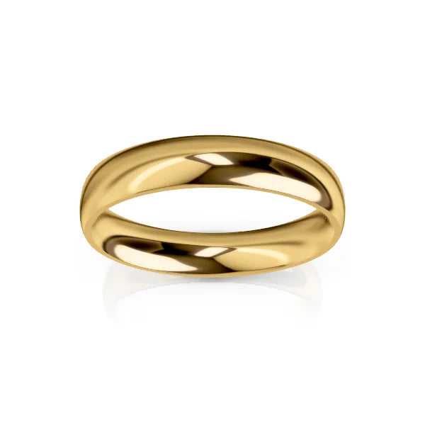 A shiny, plain gold wedding band with a smooth, polished surface on a white background.