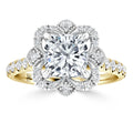 Gold ring with a square diamond center, floral halo of diamonds, and diamond accents along the band.