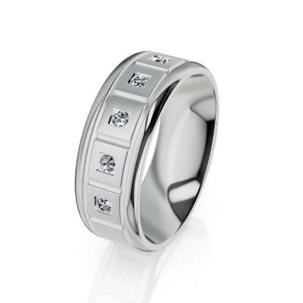 Silver ring with five embedded round diamonds set in square frames, shown on a white background.