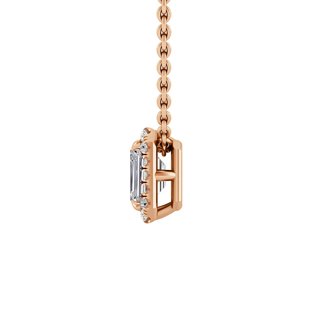 Rose gold chain with a rectangular gemstone pendant set vertically, accented by small round stones on the side.
