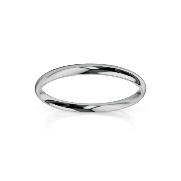 A simple, polished silver ring with a smooth, rounded band on a white background.