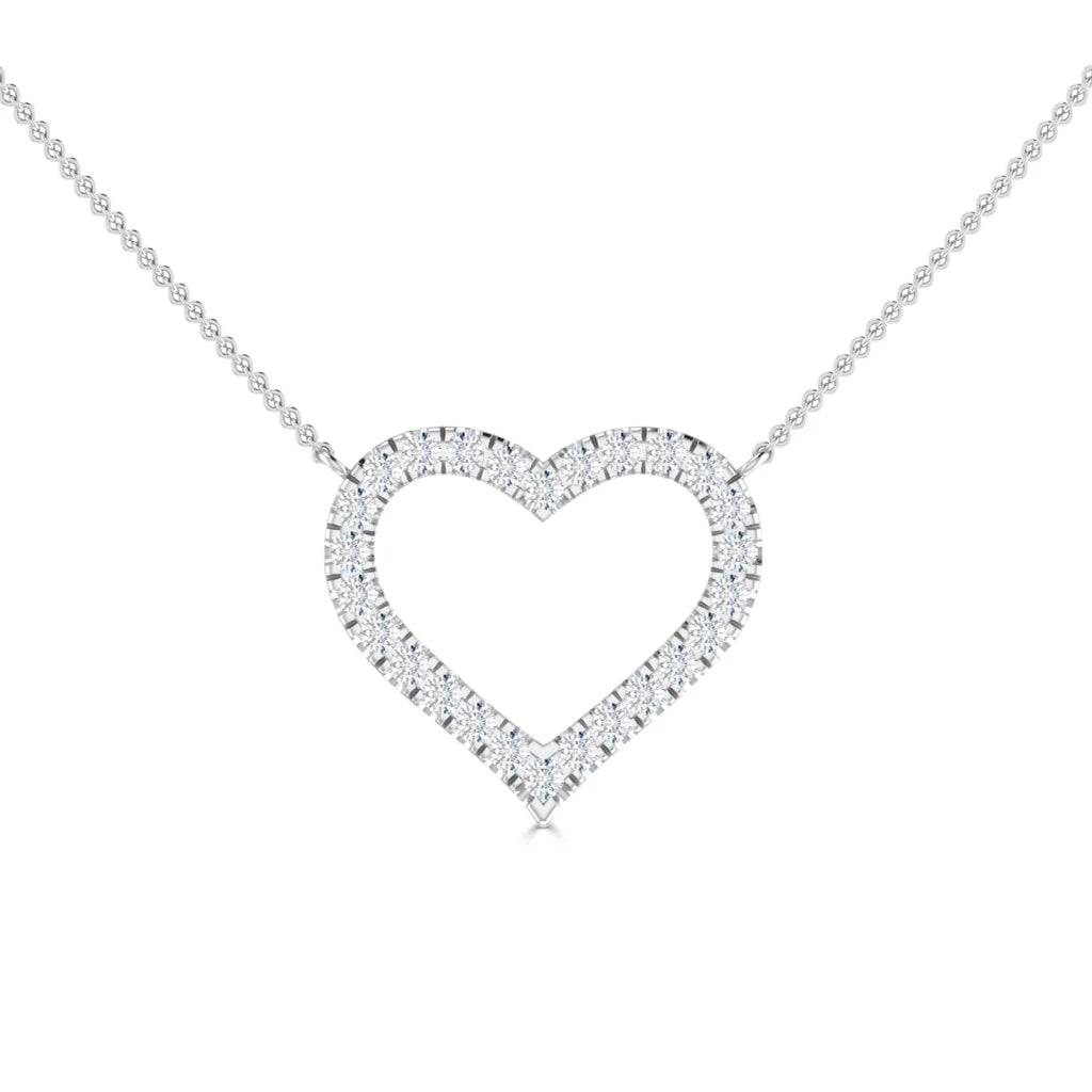 Silver necklace with an open heart-shaped diamond pendant on a delicate chain, set against a white background.