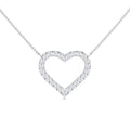 Silver necklace with an open heart-shaped diamond pendant on a delicate chain, set against a white background.