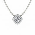 Silver chain necklace with a square diamond pendant surrounded by a halo of small round diamonds.