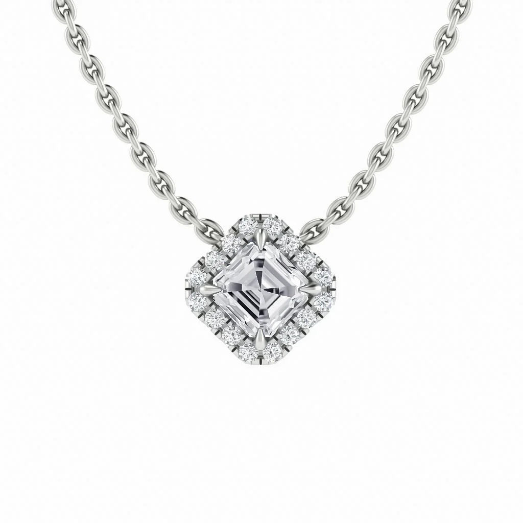 Silver chain necklace with a square diamond pendant surrounded by a halo of small round diamonds.