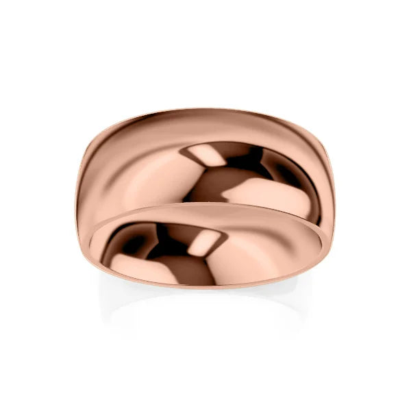 A wide, polished rose gold ring with a curved, reflective surface and rounded edges on a white background.