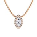 Rose gold chain necklace with a marquise-cut diamond pendant, surrounded by a halo of small round diamonds.