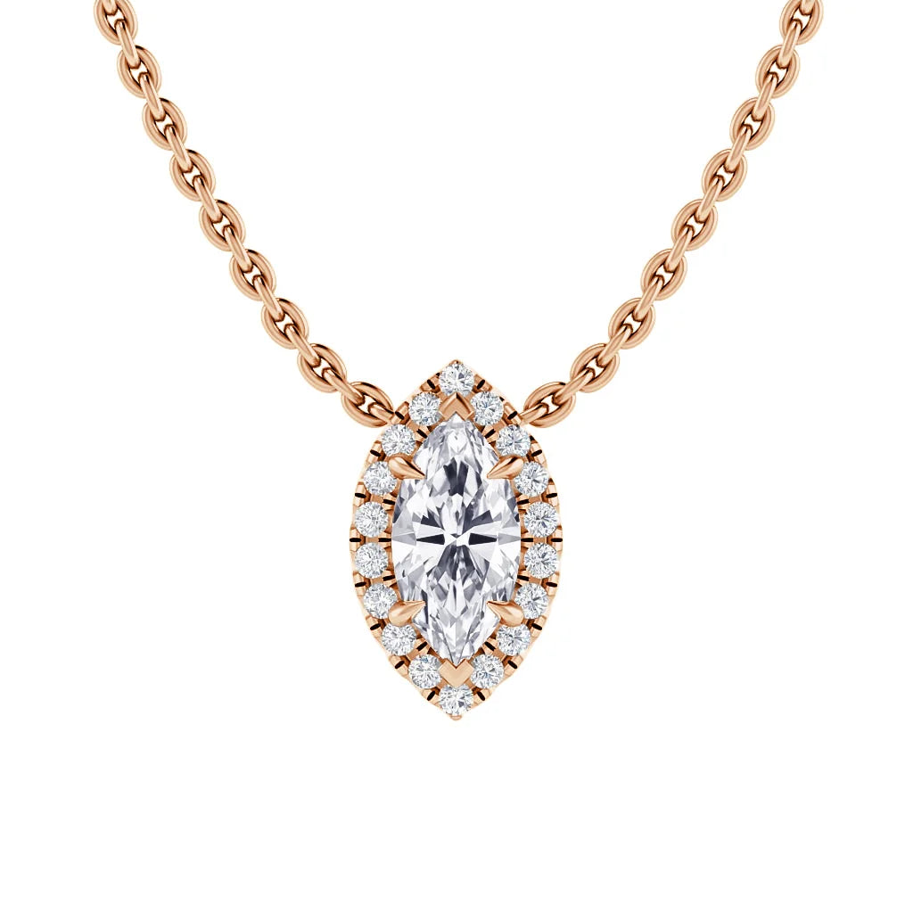 Rose gold chain necklace with a marquise-cut diamond pendant, surrounded by a halo of small round diamonds.