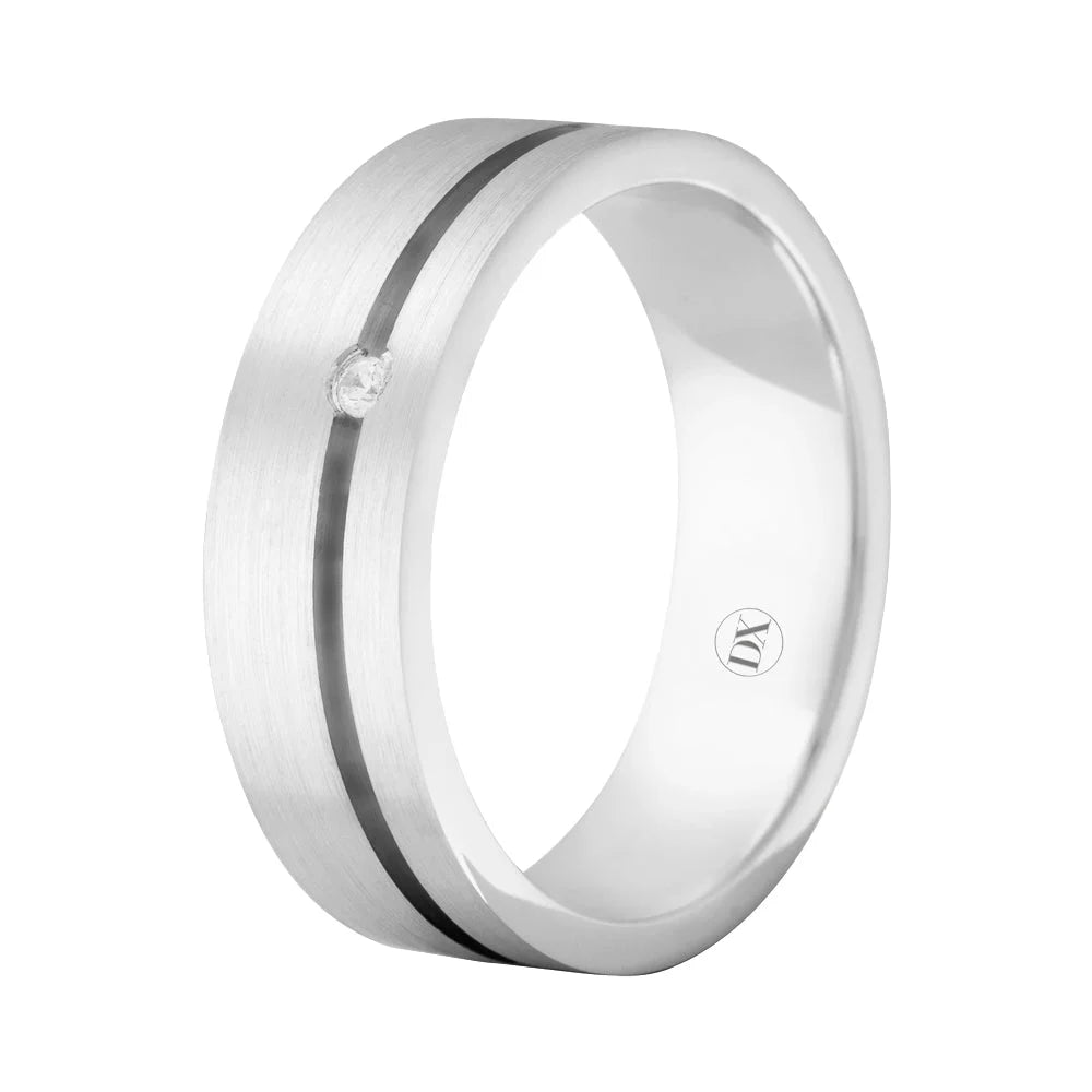 A silver ring with a black stripe, single inset diamond, and a small engraved logo inside the band.