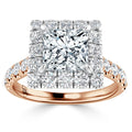 Square halo diamond ring with rose gold band, a large central stone, and smaller diamonds surrounding it.