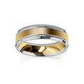 A two-tone ring with a gold center band and silver edges, featuring a smooth, polished finish.