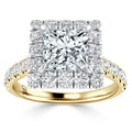 Gold ring with a square-cut center diamond, haloed by round diamonds, and diamonds on the band.