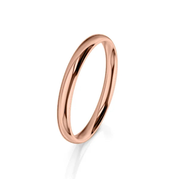 A plain, polished rose gold ring with a smooth, rounded band on a white background.