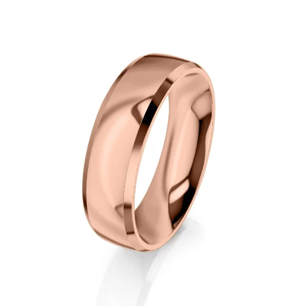 Shiny rose gold wedding band with a smooth, polished surface, shown on a white background.