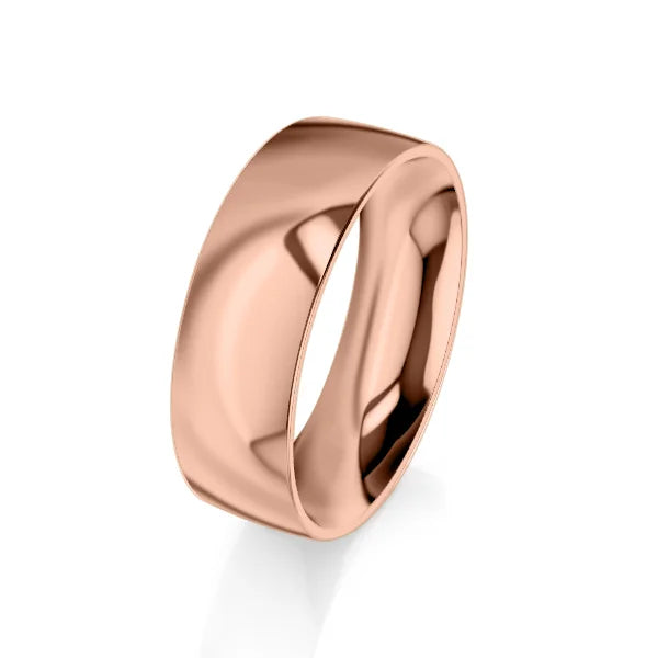 A shiny rose gold wedding band with a smooth, polished surface on a plain white background.