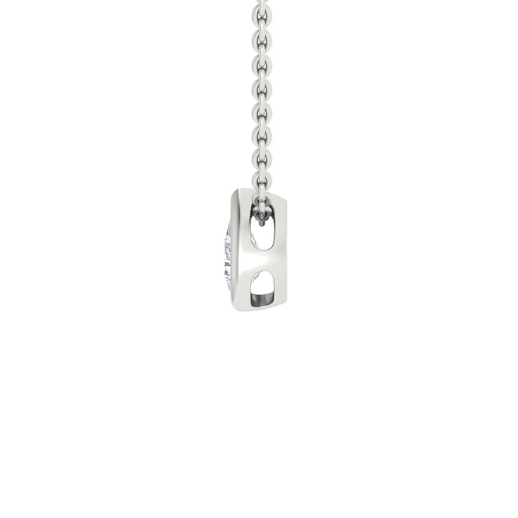 A silver pendant with two oval cutouts hangs from a silver chain against a plain white background.