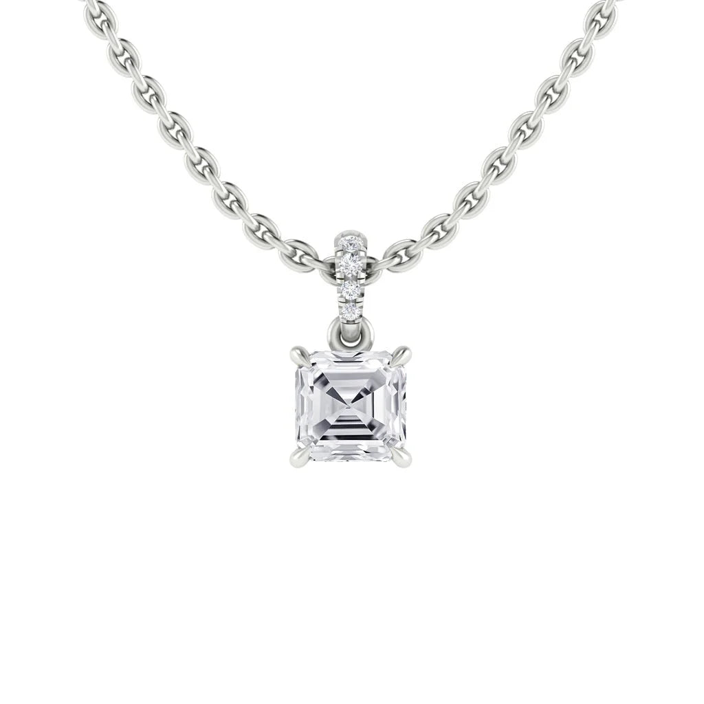 Silver chain necklace with a square-cut diamond pendant and small round diamonds above the main stone.
