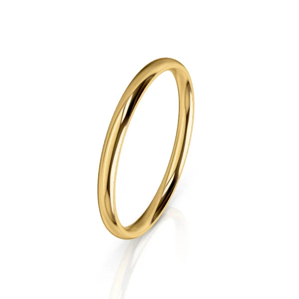 A plain, thin, polished yellow gold ring with a smooth, shiny surface on a white background.