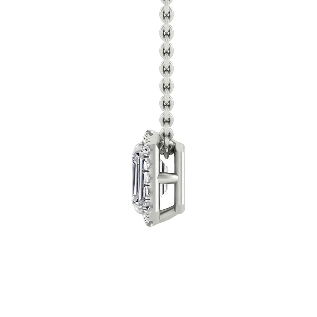 Side view of a silver chain necklace with a rectangular gemstone pendant in a four-prong setting.
