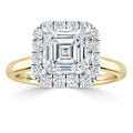 Asscher-cut diamond ring with a halo of round diamonds on a yellow gold band, viewed from the front.