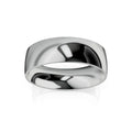 A plain, polished silver ring with a smooth, rounded surface, reflecting light on a white background.