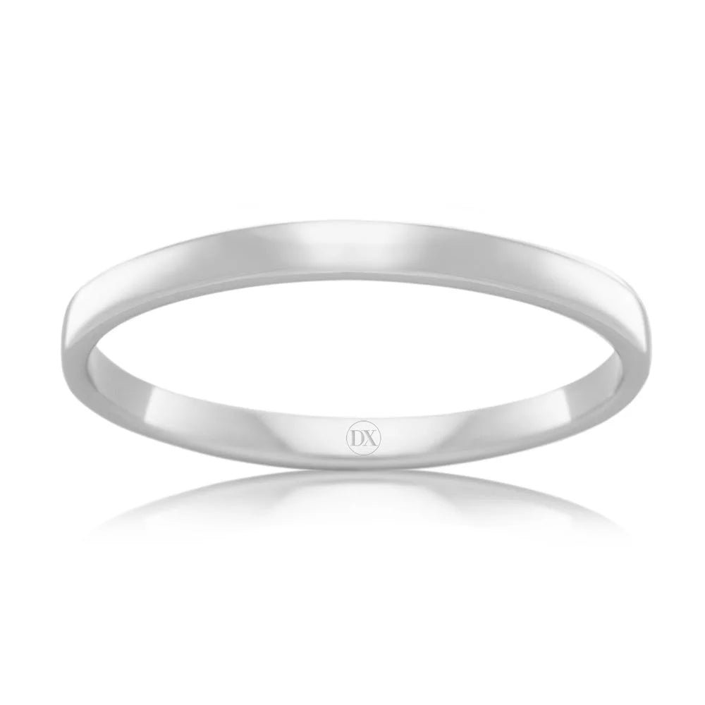 Thin, plain silver band ring with a smooth, polished finish, displayed against a white background.