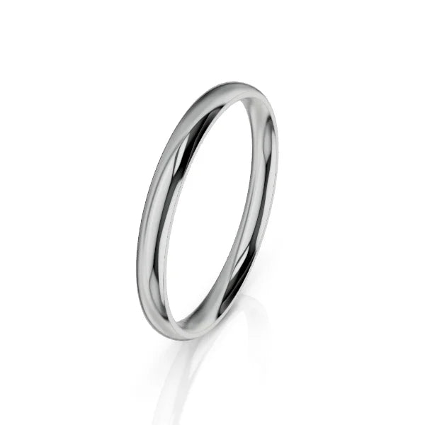A shiny, plain, silver metal band ring with a smooth, polished surface, shown on a white background.