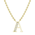 Gold necklace with an A pendant; left side of the letter is adorned with small sparkling diamonds.