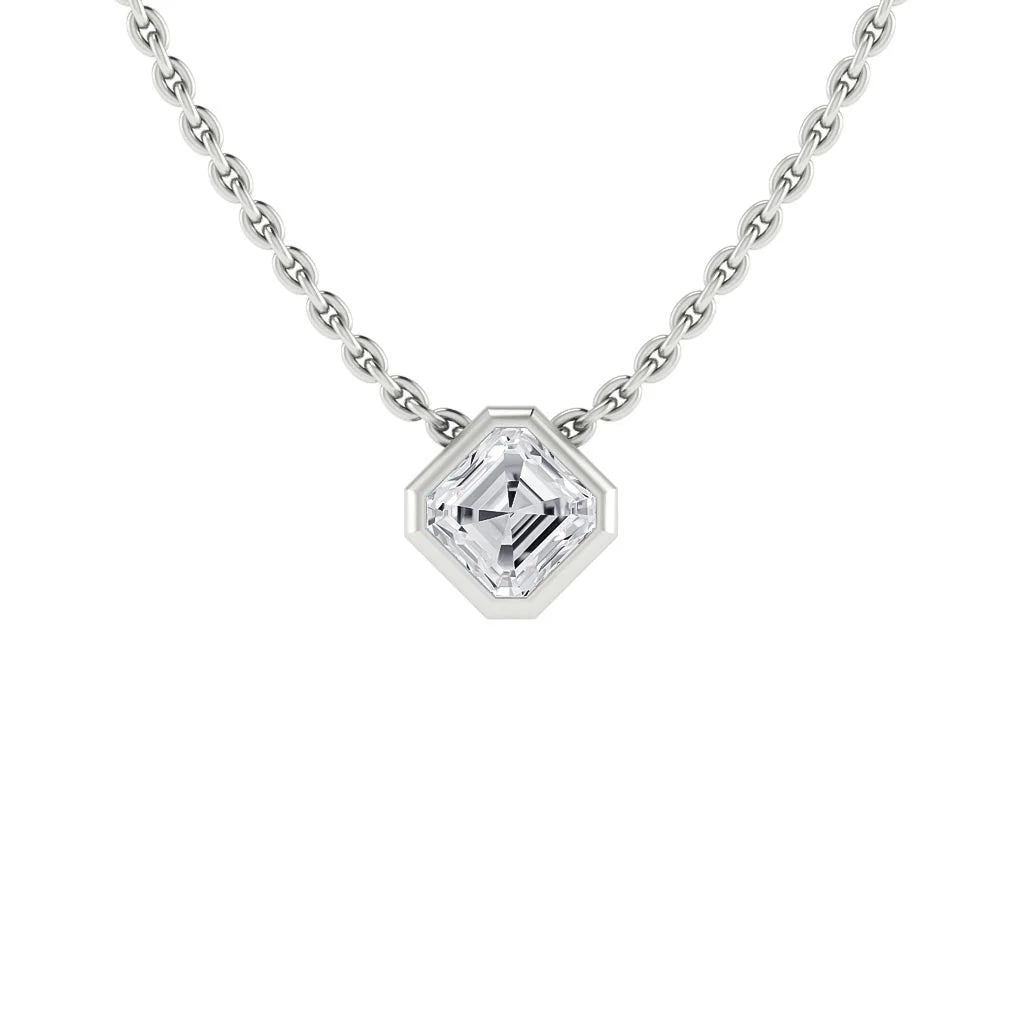 Silver chain necklace with a hexagonal pendant featuring a central square-cut clear gemstone.