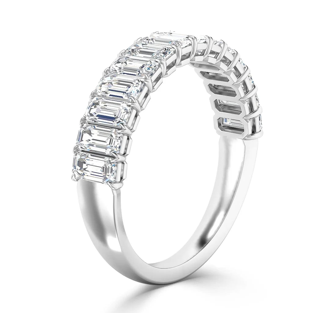 A silver ring with a row of rectangular, emerald-cut diamonds set across the top half of the band.