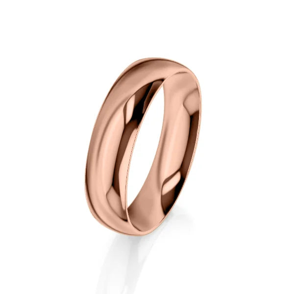 A plain, polished rose gold wedding band with a smooth, shiny finish on a white background.