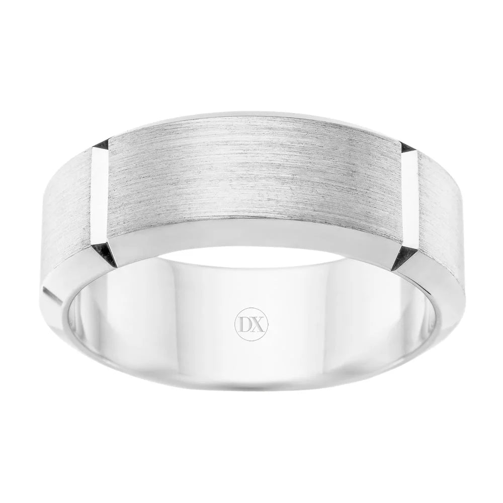 A silver mens wedding band with a brushed center and polished beveled edges, engraved with DX inside.