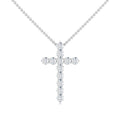 Silver necklace with a cross pendant made of round white diamonds, displayed on a white background.