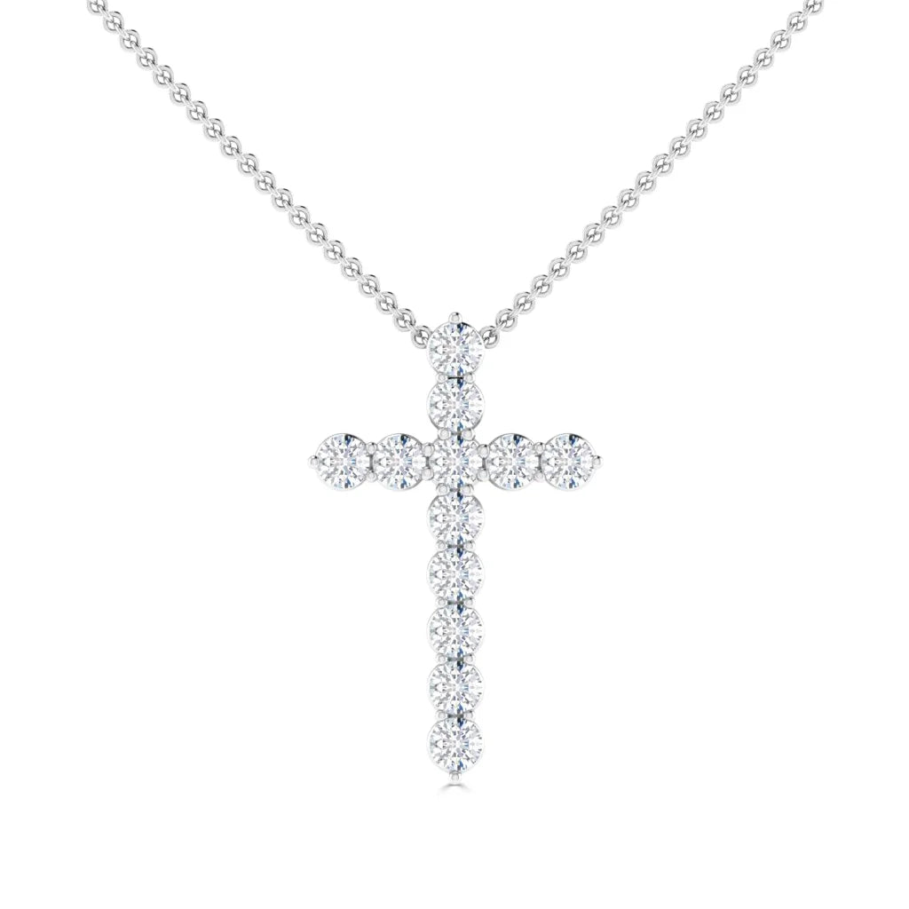 Silver necklace with a cross pendant made of round white diamonds, displayed on a white background.