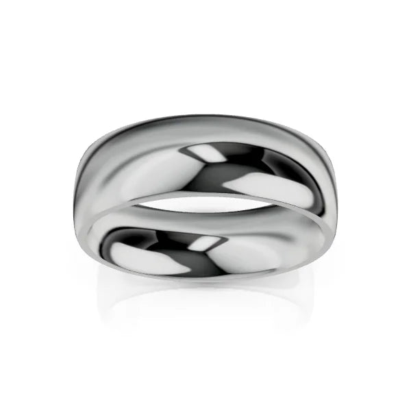 A shiny, polished silver metal ring with a smooth, rounded surface on a white background.