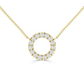 Gold chain necklace with a circular pendant encrusted with small sparkling diamonds on a white background.