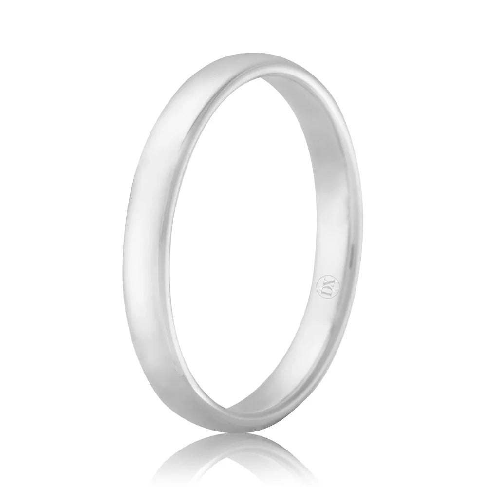 A plain, polished silver band ring with a smooth, rounded surface, shown against a white background.