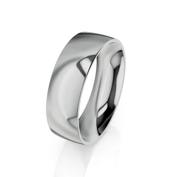 A plain, polished silver band ring with a smooth, reflective surface, shown on a white background.