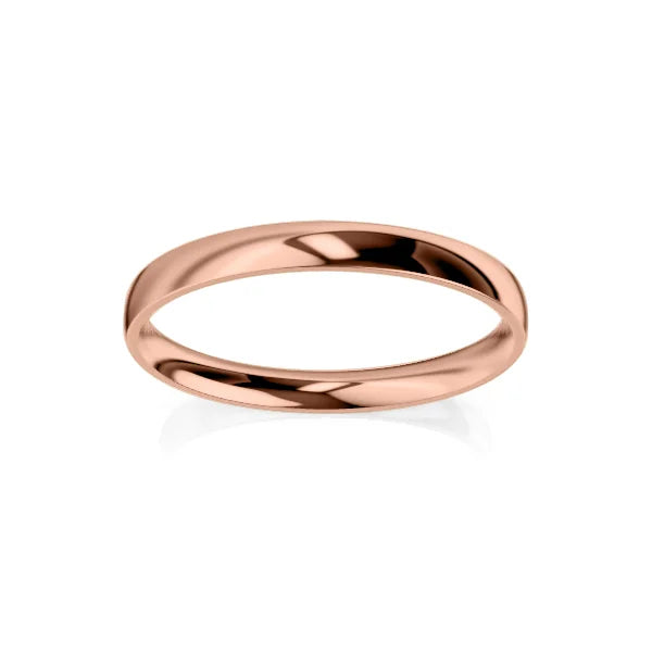 A simple, polished rose gold band ring displayed on a white background with a subtle reflection.