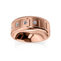 Wide rose gold ring with five inset round diamonds in square settings, polished and reflective finish.