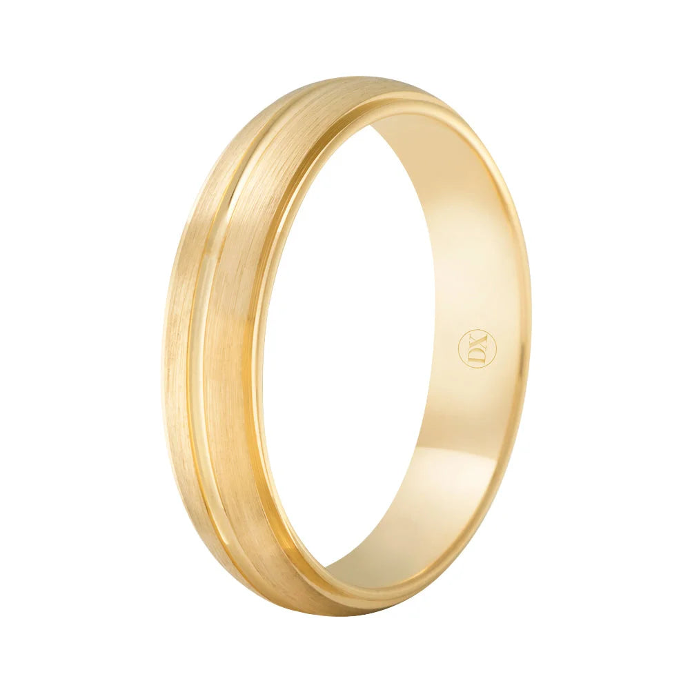 A simple gold band ring with a matte finish and a single polished groove around the center.