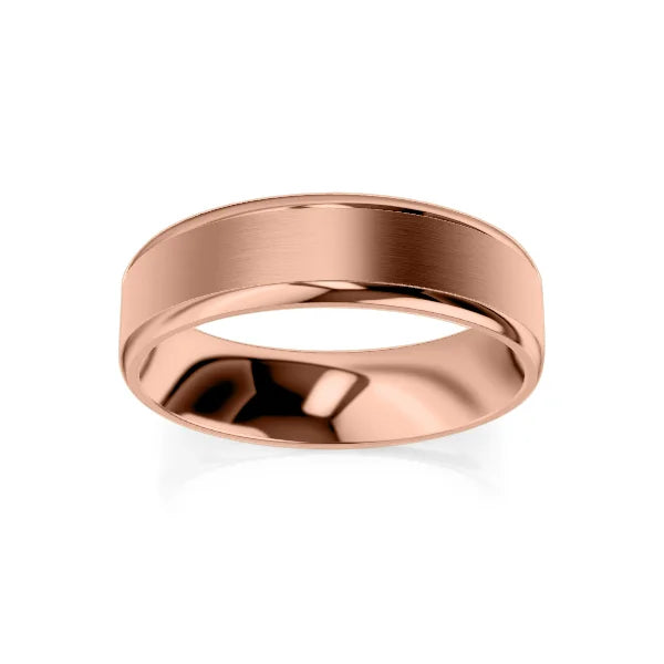 A plain, polished rose gold wedding band with a smooth, slightly brushed finish on a white background.