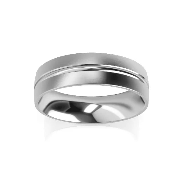 A shiny silver ring with a diagonal groove design, set against a plain white background.