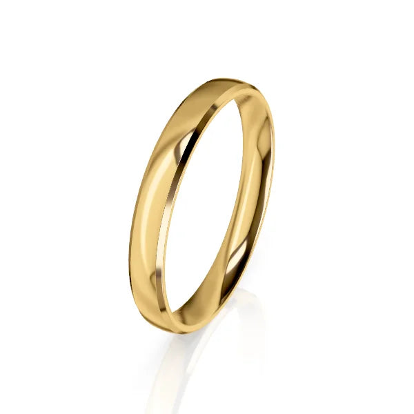 Simple, polished yellow gold wedding band with a smooth, shiny surface on a white background.